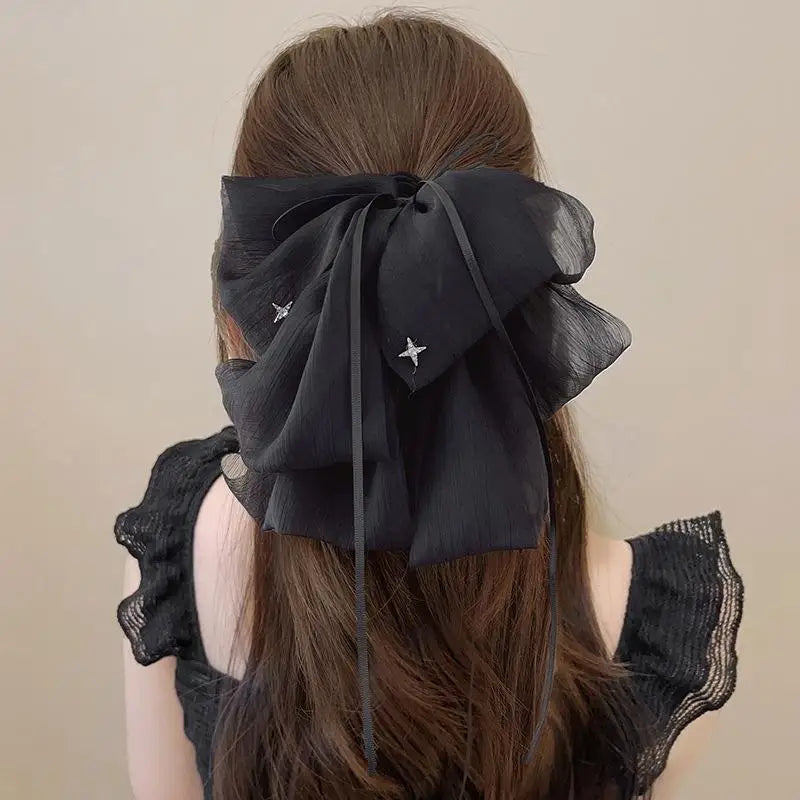 Black Elegant Women Large Bow Hair Claw Temperament Chiffon Big Bowknot Barrettes Hairpin Women Ponytail Hairpin Hair Accessory