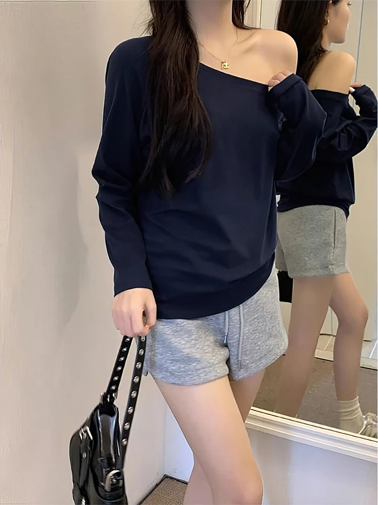 Off the shoulder Long sleeve T shirt Women Spring Autumn Loose Sexy One Shoulder Top Lady Casual Basic Tees School Preppy Blouse