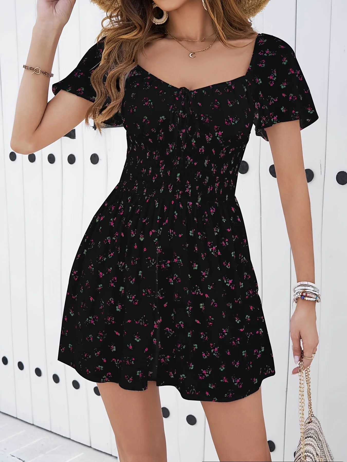Women Mini Dresses Summer Fashion Female Vestidos Print Floral Chiffon Dresses Shirring Pleated Short Puffy Sleeve Casual Dress