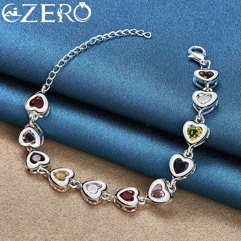 Hot 925 Sterling Silver Heart Multi-Color Crystal Chain Bracelet For Women Fashion Wedding Party Jewelry Valentine'S Day Gift