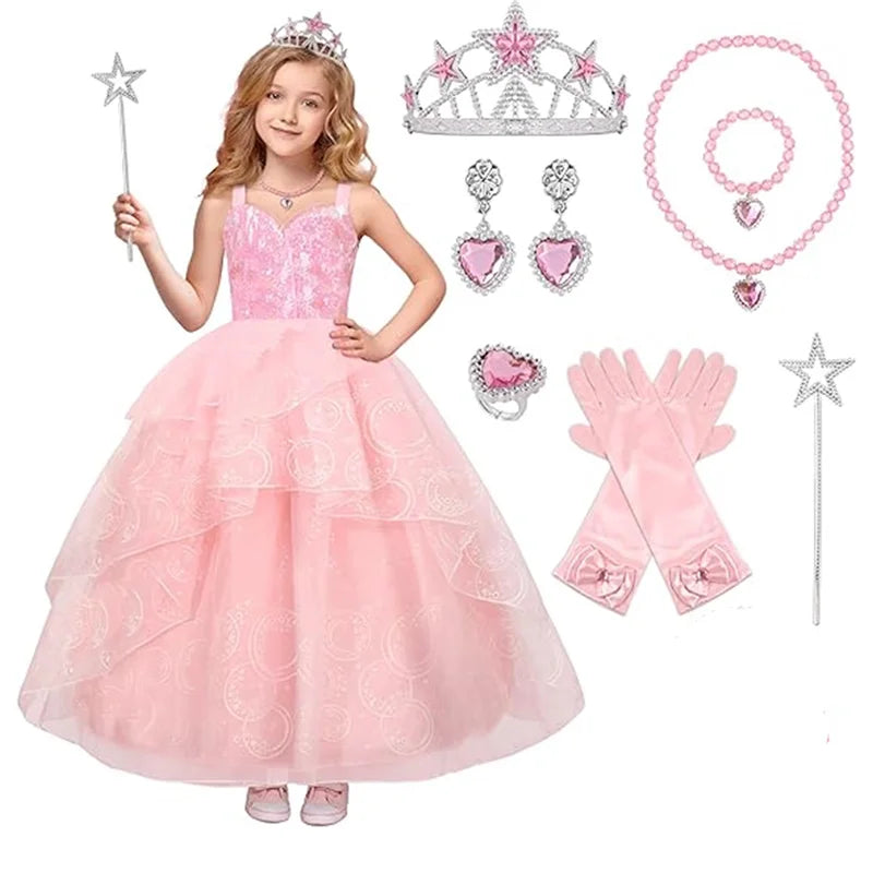 Good Witch Glinda Costume Pink Dress With Crown Magic Wand And Gloves For Wicked Girls Halloween Cosplay Birthday Prom Outfits