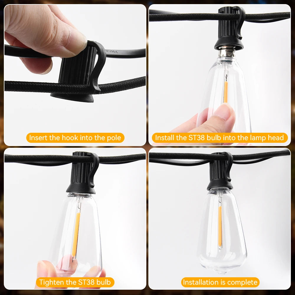 15M 20M 30M LED Garland Light String ST38 LED Lamp Bulb Outdoor IP44 Waterproof Wedding Lights Christmas Party Garden Decor Lamp