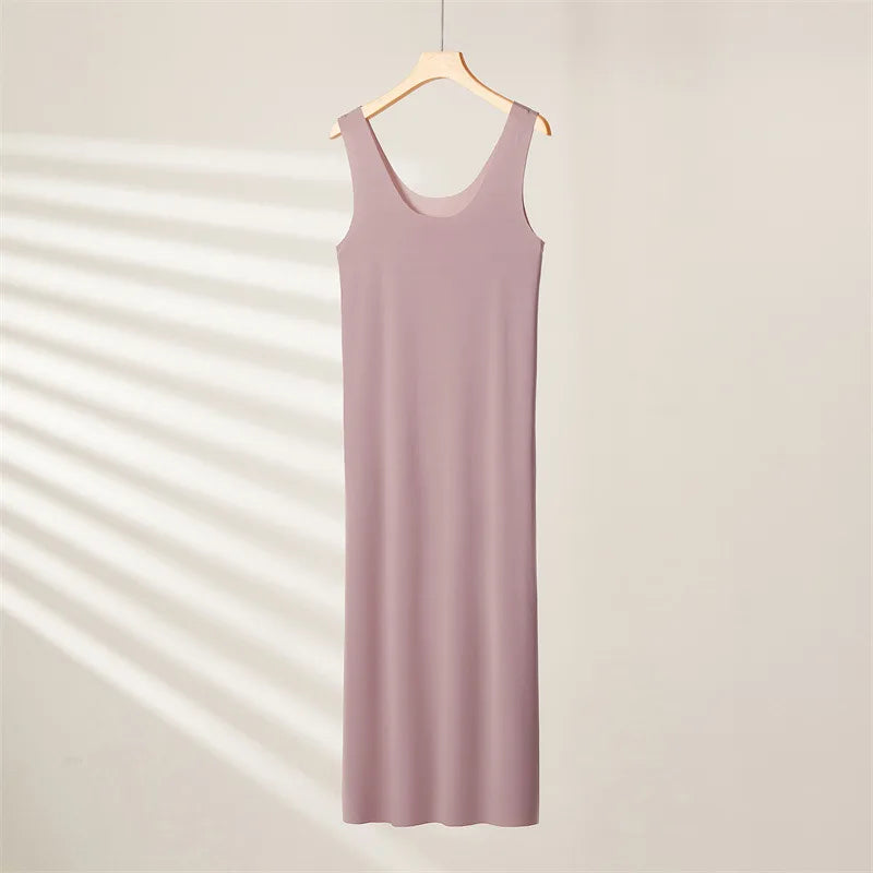 Summer Lady Ice Silk Without Trace Slips Under Dress Large Size Tank Long Midi Dress Petticoat U-neck Vest Nightgown Long Skirt
