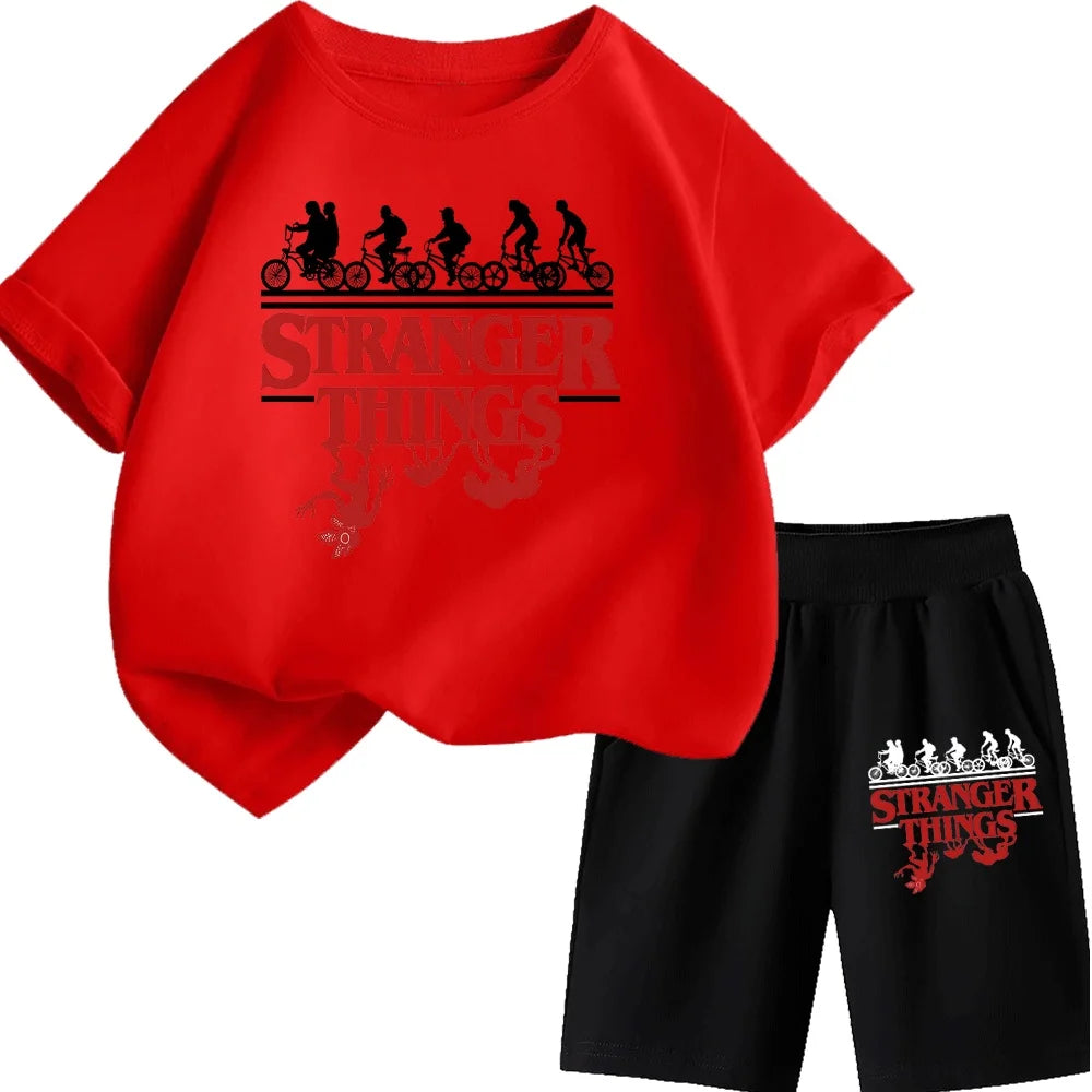 Stylish Stranger Things Kids T-Shirt Set with Silhouette Bikes and Demogorgon Design for Boys/Girls