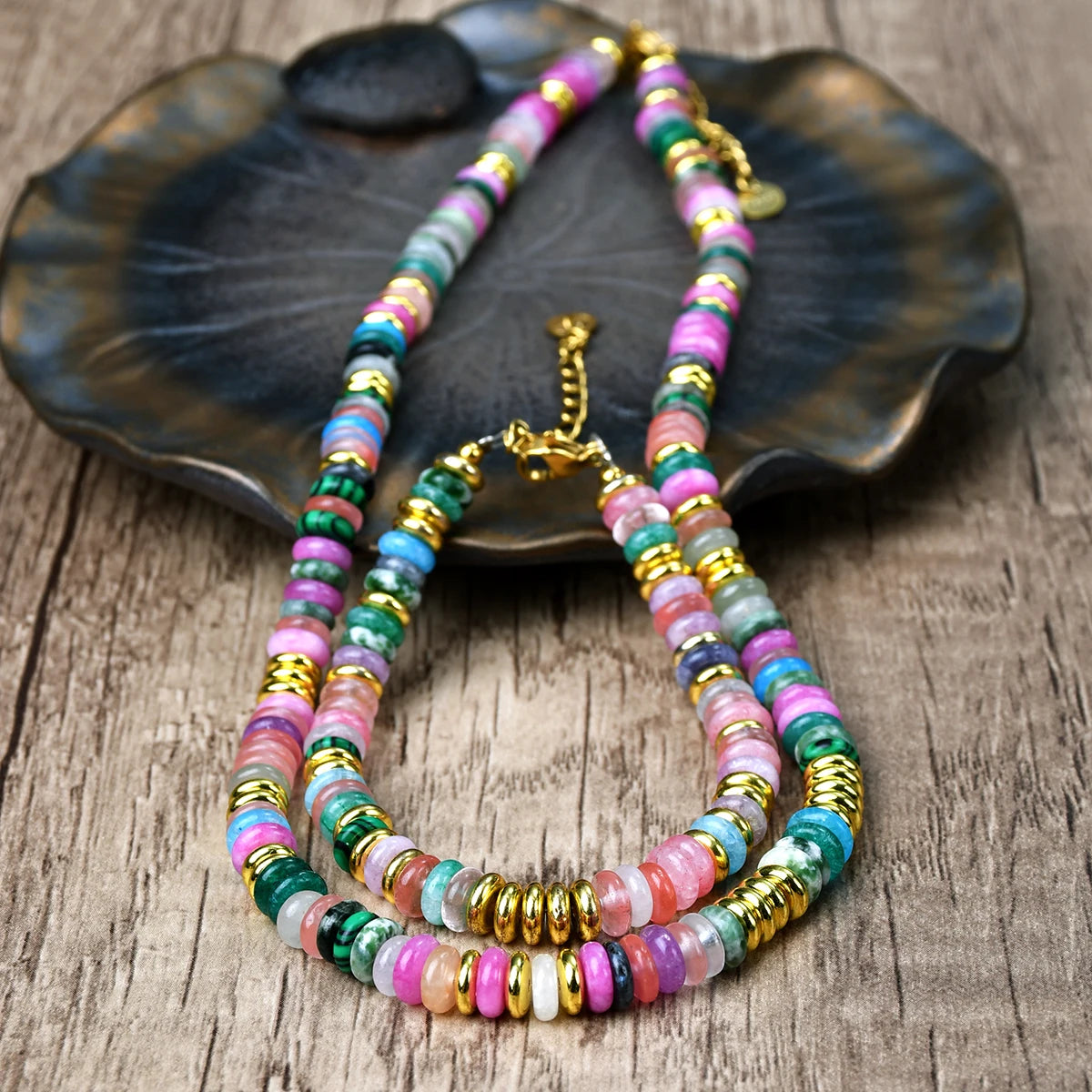 Yumfeel 2PCS Necklace Bracelet Set Bohemia Colorful Natural Stone Beaded Handmade Women Jewelry Gift Summer Vacation Surf Decor