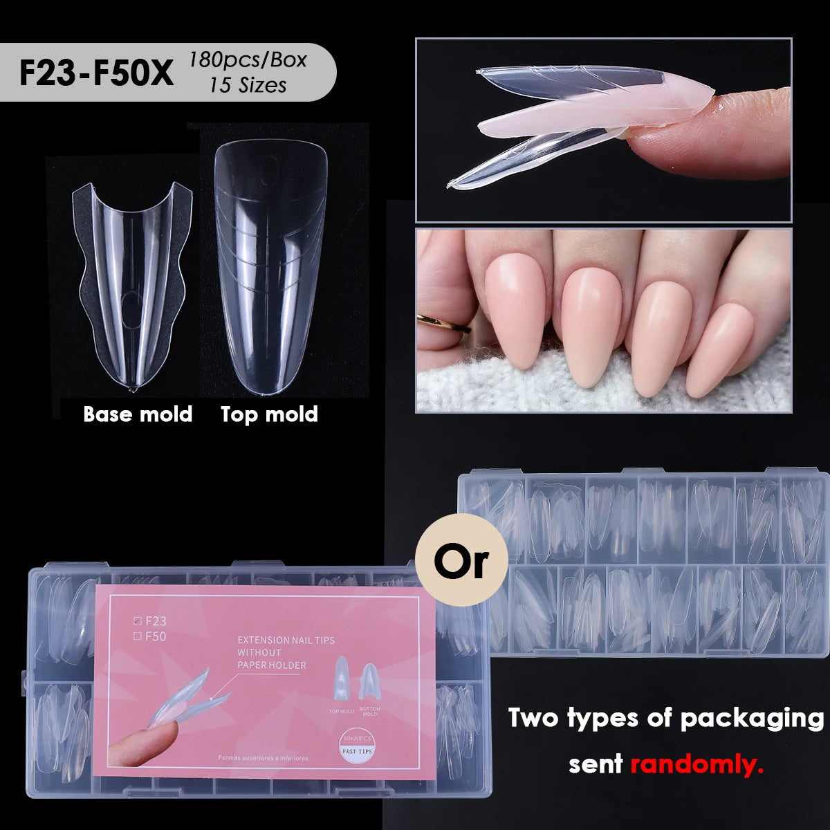 180pcs New Sandwich Nail Extension Mold Interlayer Dual Nail Forms Easy To Shape Oval/Coffin Mixed 15 Size Prolong Tool Manicure