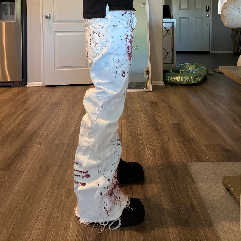 Y2K Harajuku White Horror Blood Handprint Print Jeans for Men And Women Retro Fashion High Street Hip Hop Loose Casual Pants