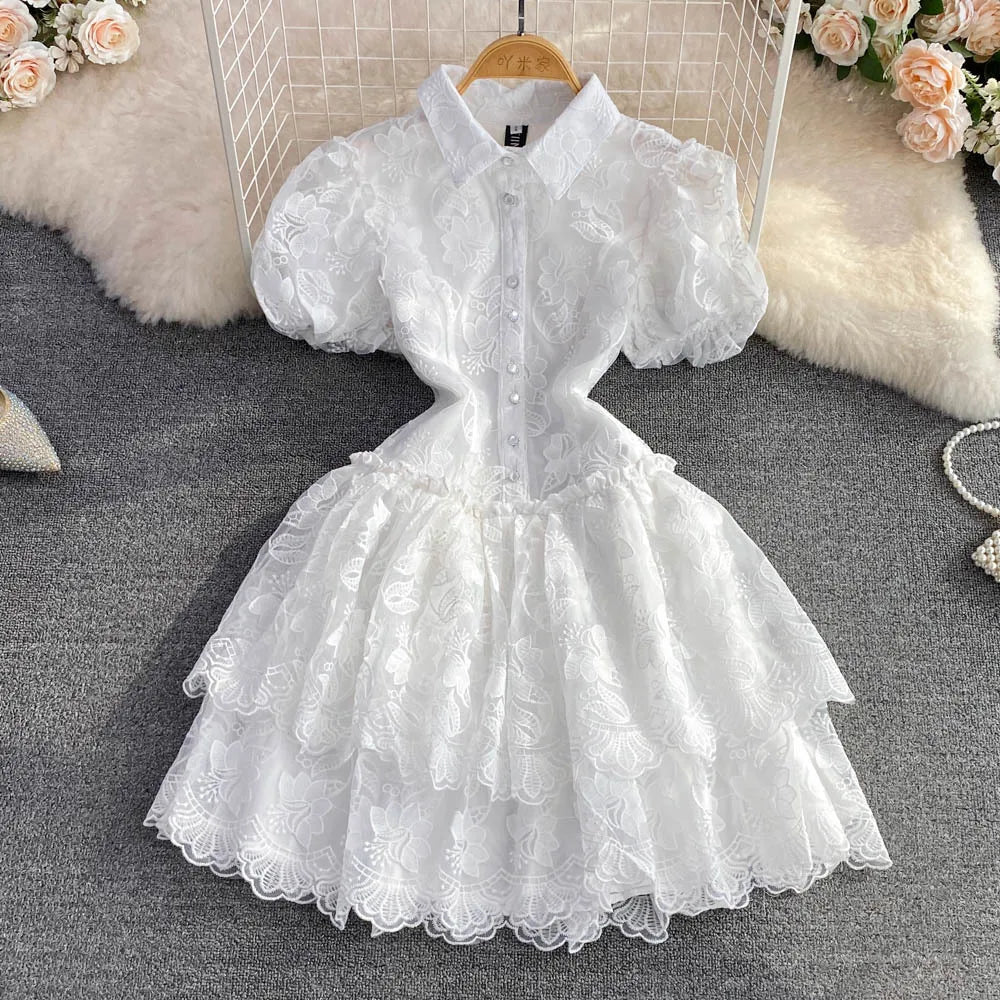 Short Dress Women Dresses Lace A Line Vestidos Turn Down Collar Puff Sleeve Slim White Single Breasted Elegant Y2k High Waist