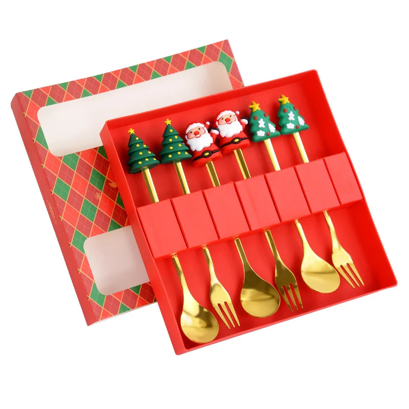 2/4/6pcs Christmas Gift Spoon Forks Set Stainless Steel Cutlery Tableware Decoration Coffee Tea Dessert Scoop 2025 New Year Home