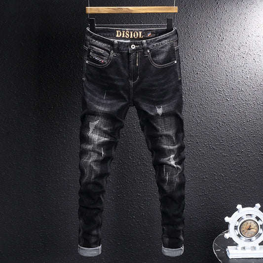 Fashionable new blue and black jeans stretch slim fit nostalgic retro washed men's jeans Italian hip-hop high-quality embroidere