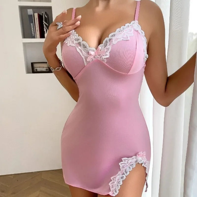 Summer hot Women Nightdress Seductive Pink Deep V Sleeveless Fashion Lace Sleep Pajamas Dress Ladies Lingerie Nightgown Homewear