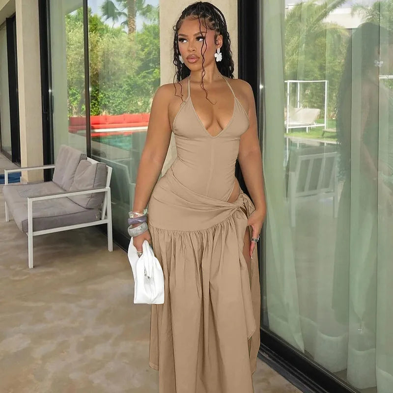 Woman Summer Vacation Sexy Cut Out Dress Sets Halter Deep V Neck Bodysuit and Tie Maxi Long Skirt Set Party 2 Two Piece Outfit