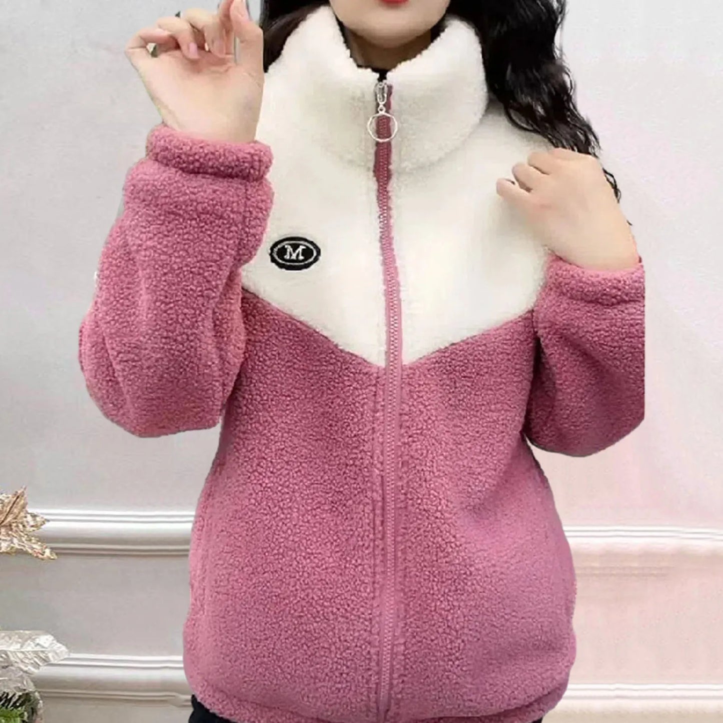 Winter Women Coat Thick Plush Stand Collar Zipper Closure Velvet Jacket Colorblock Long Sleeves Pockets Cardigan Outerwear