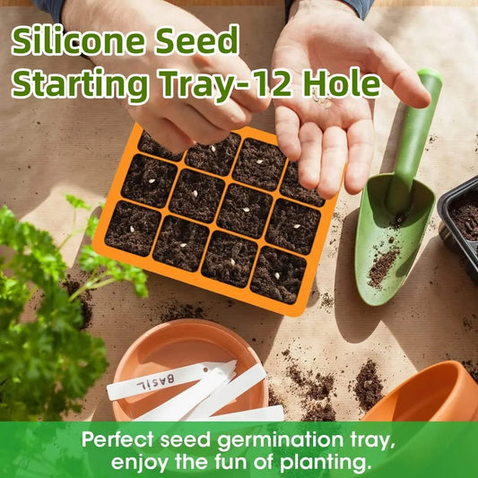 Seed Starting Tray Silicone 12 Cell Seed Starter Kit with Drain Holes Plant Germination Trays, Seedling Plug Trays for Gardening