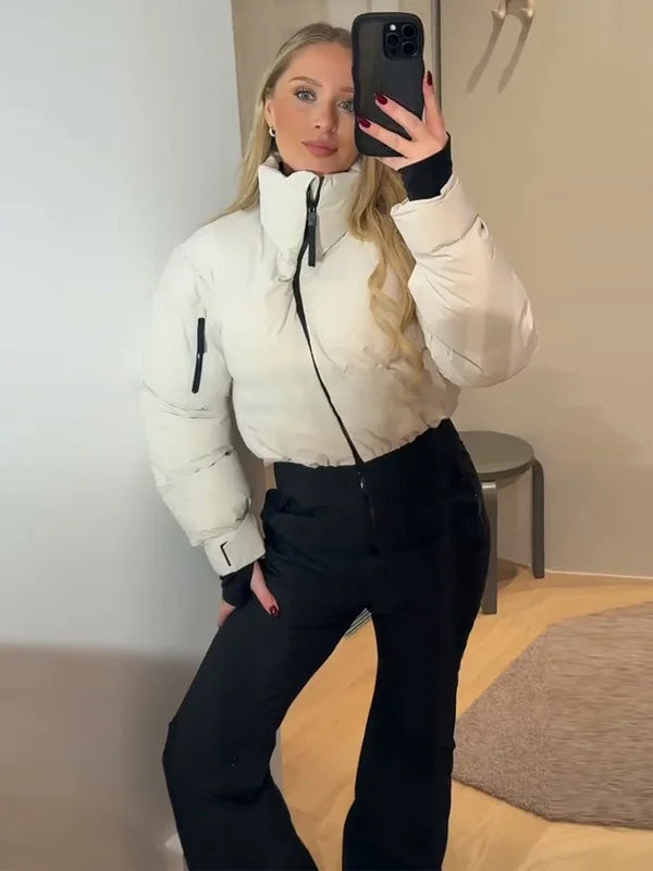 New Skiing Long Pant Sets For Women Thick Stand Collar Cotton Jacket High Waist Wide Leg Trouser 2 Pieces Sets Skateboard Outfit