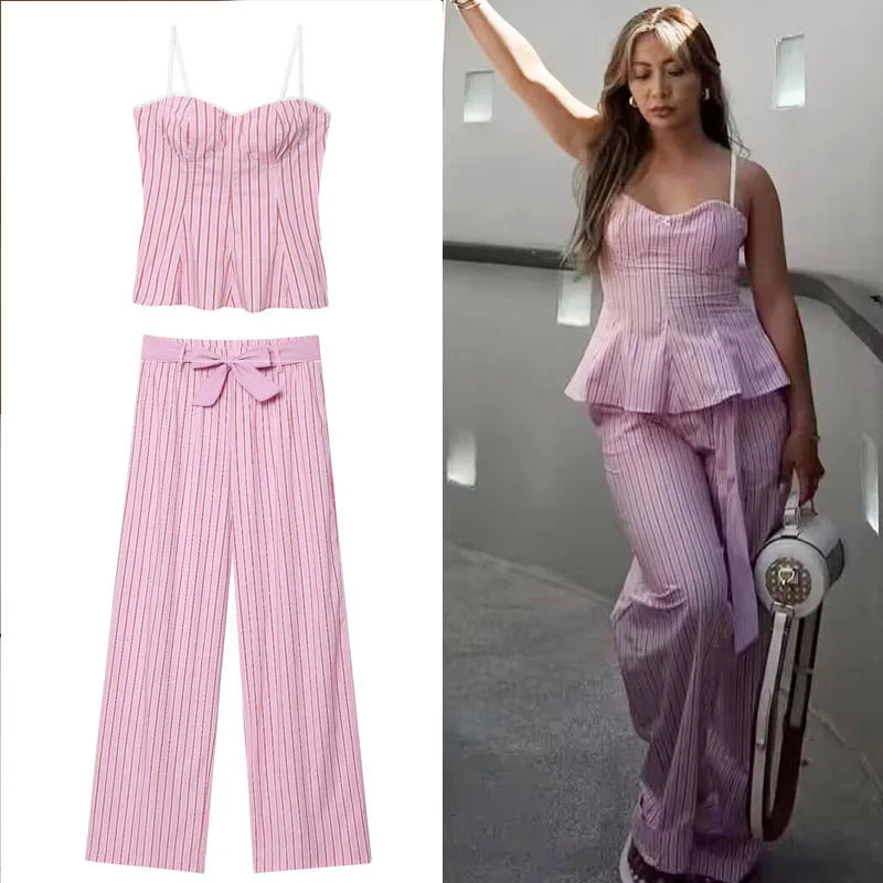 HXAO Summer Women's Two Pieces Set New Pink Striped Open Back Halter Top Pant Sets Crop Zipper Top With Lace Casual Women's Suit