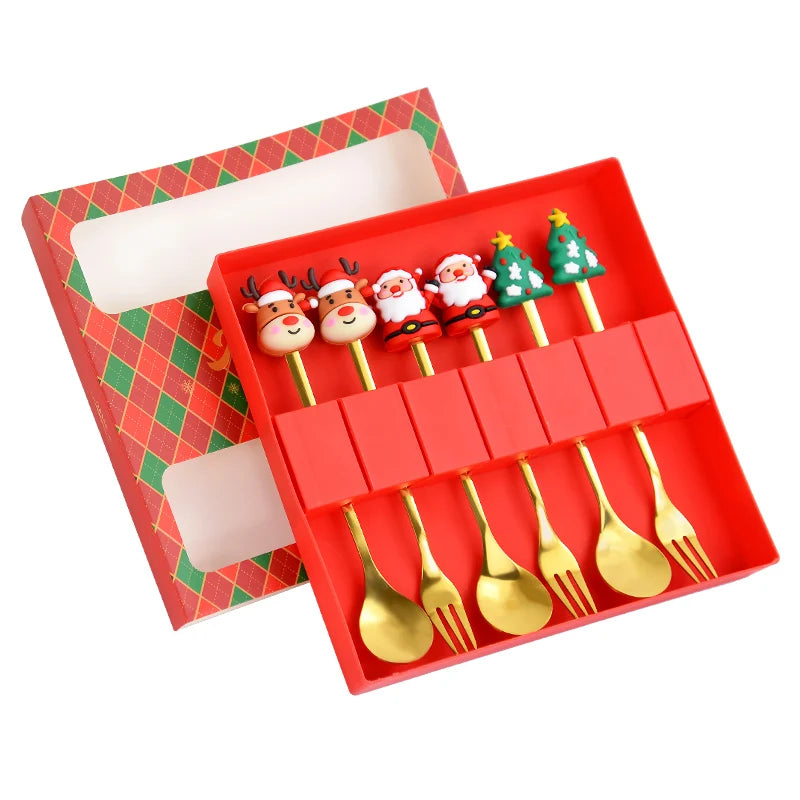 2/4/6pcs Christmas Gift Spoon Forks Set Stainless Steel Cutlery Tableware Decoration Coffee Tea Dessert Scoop 2025 New Year Home
