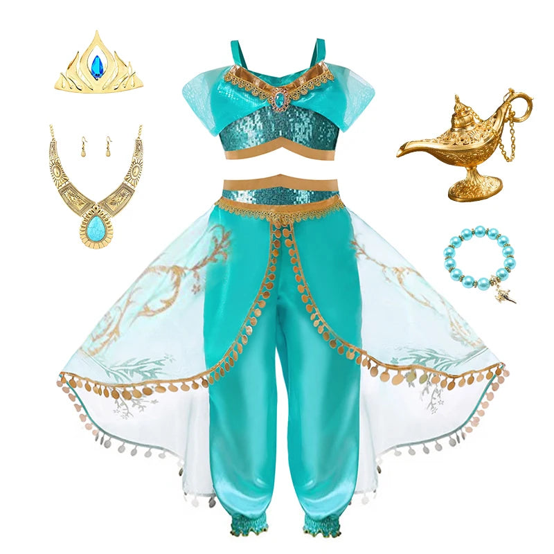 Baby Girls Cosplay Disney Jasmine Costume Aladdin Princess Dress Kids Magic Lamp Fancy Birthday Party Dresses Jasmine Clothes