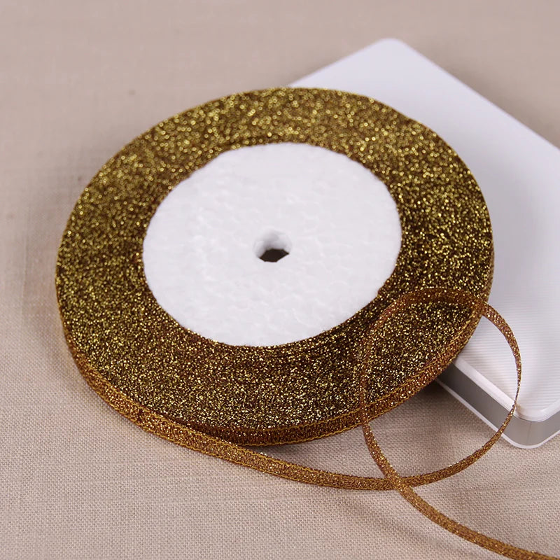 1/4" (6mm) 25yards Gold Silver Metallic Glitter Ribbons For DIY Crafts Sewing Fabric Christmas Party Wedding Supplies Gift Wrap