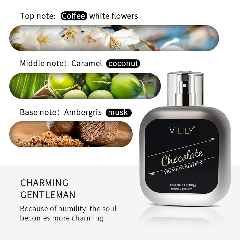 Vilily Men's Gourmet Perfume 60ml Premium Mellow Chocolate Fragrance Charming Coconut Coffee Light Perfume Woody Natural Spray