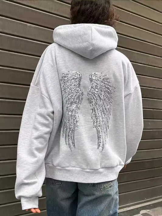 Autumn\winter Silvery Wing Pattern New Pure Cotton Sweatshirts Simple Light Gray Versatile Daily Oversizeds Hooded Jackets
