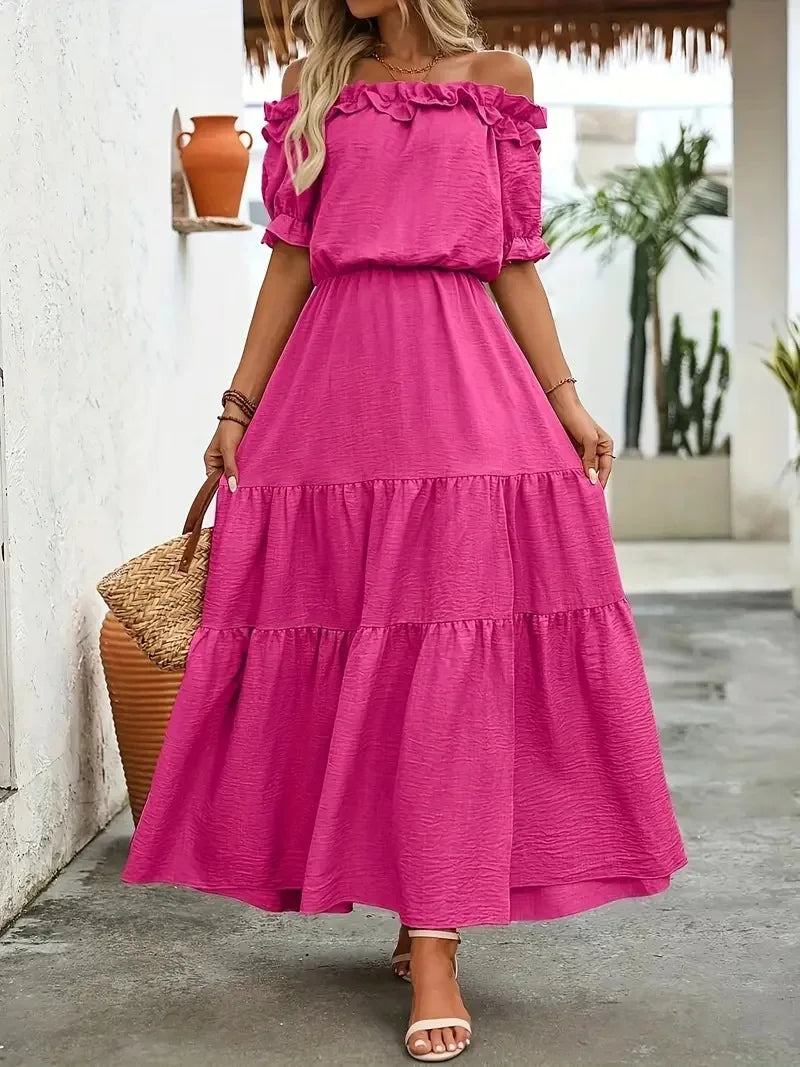 Elegant Short Sleeve Long Dress Women 2025 Summer Fashion Off Shoulder Maxi Dresses Casual