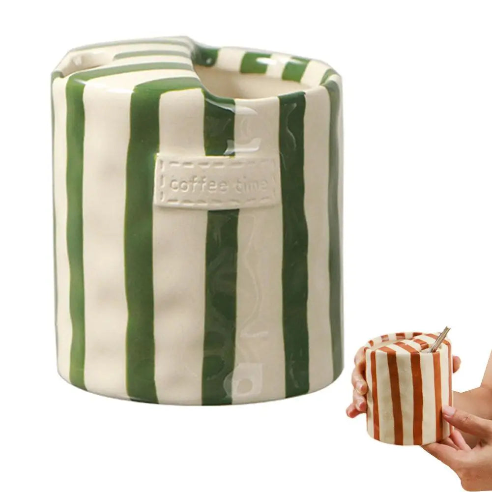 Vintage Stripe Hand Painted Ceramic Mug Creative Dual Compartment Coffee Cup for Office Afternoon Tea Breakfast