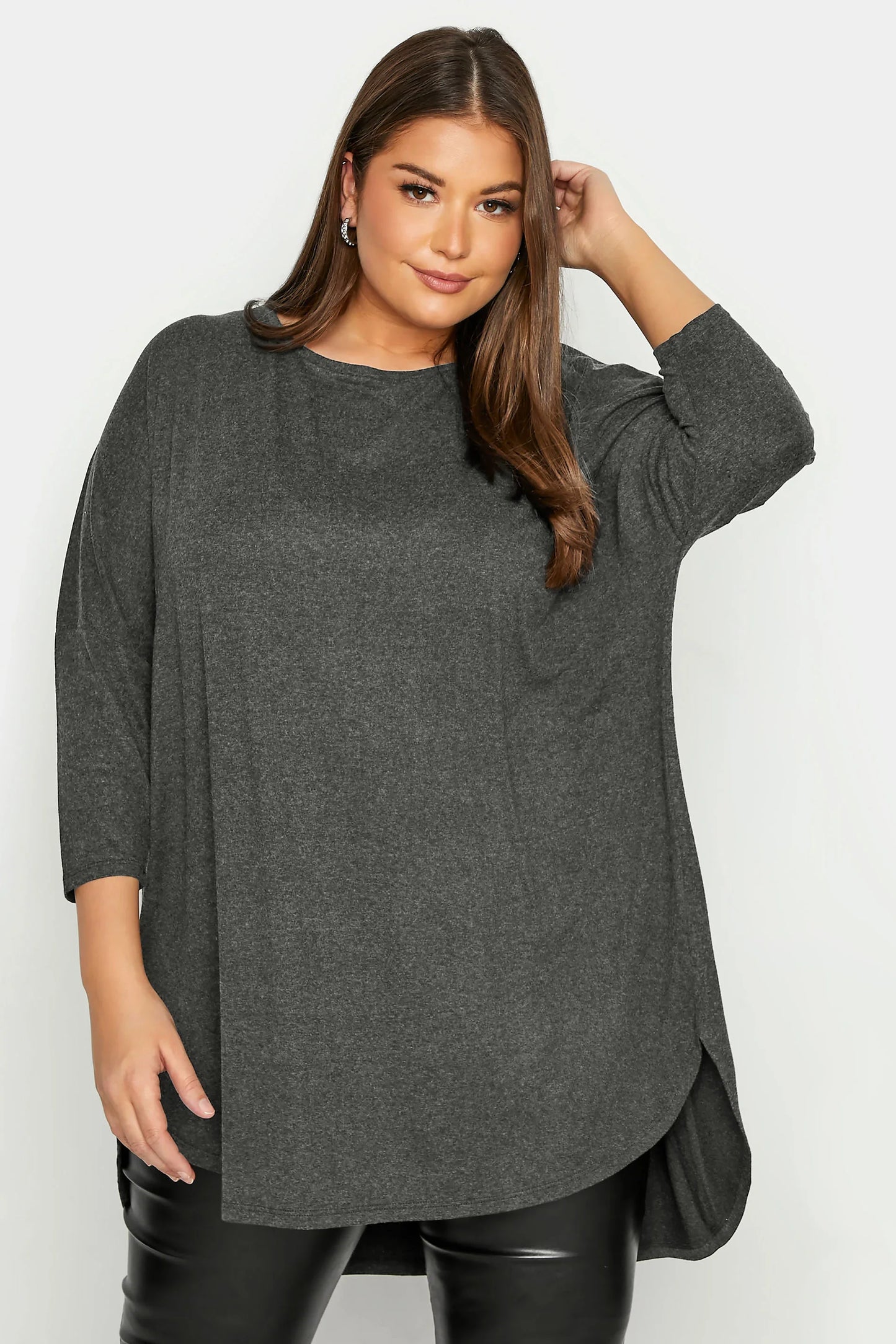 Plus Size Spring Autumn Elegant Hi Low Tunic 3/4 Batwing Sleeve Long Loose Blouse Dark Grey Pleat Back Large Size Casual Top 6XL