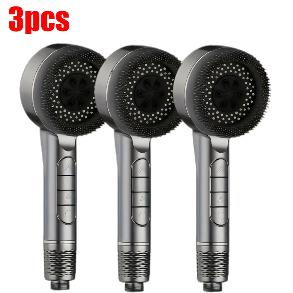 4 Modes Pressurized Shower Head Thickened ABS Handheld Filter Showerhead with Silicone Brush One-Key Stop Water Shower Nozzle