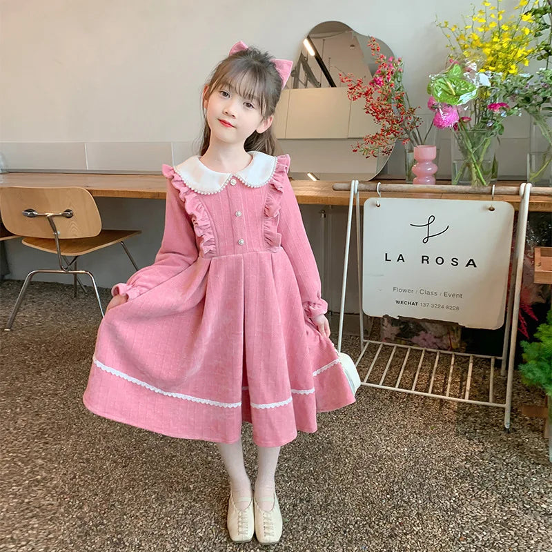 Young Girls' Winter Princess Clothes Red Thickened Velvet Dresses Baby Girl One-piece New Year's Birthday Party Corduroy Dress ‌