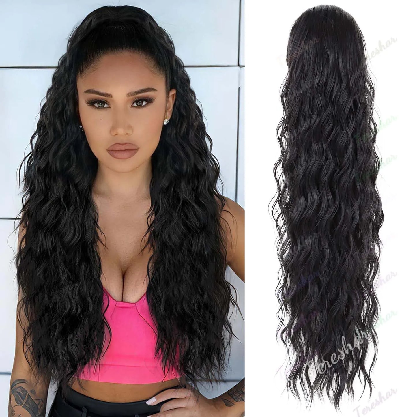 Synthetic 24inch Long Curly Wavy Ponytail Extension Drawstring Ponytail Hair Extensions for Women Hairpiece for Daily Use Party