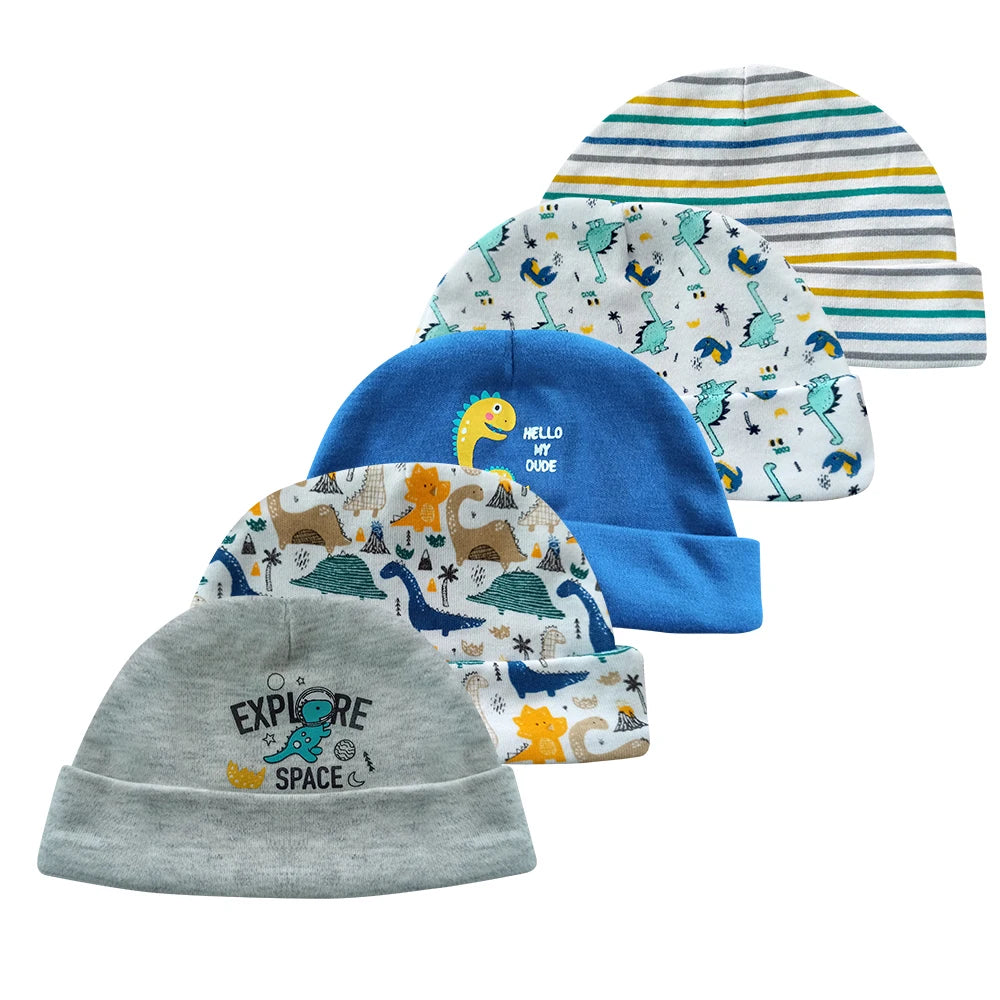 5Pieces Newborn Baby Boy Hats Cartoon Print 100%Cotton Baby Girls Hats 0-6Months Soft Solid Color Infant Accessories