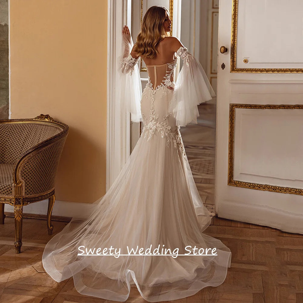 Wedding Dress for Woman Bride Customized Sexy Detachable Long Sleeves Sweetheart Sequined Applique Mermaid Bridal Gown