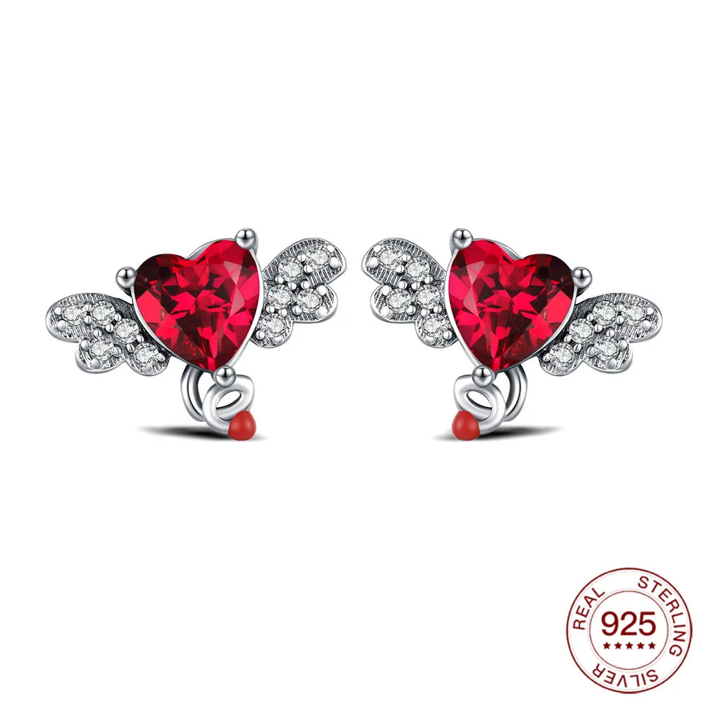 2025 925 Sterling Silver Earrings Red Heart Angel Wing Earrings DIY Fashion Jewelry Making Valentine's Day Woman Daily Wear Gift