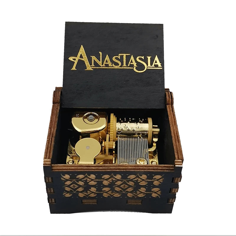 Once Upon a December Music Box, Black Wooden Anastasia Gold Stamping Vintage Gift Ideal for Christmas Birthday Valentine's Day