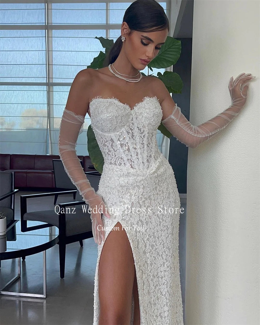 Qanz Sparkle Lace Wedding Dresses Sweetheart Mermaid Leg Slit Party Gown Floor Length Vestidos En Oferta Liquidación Customized