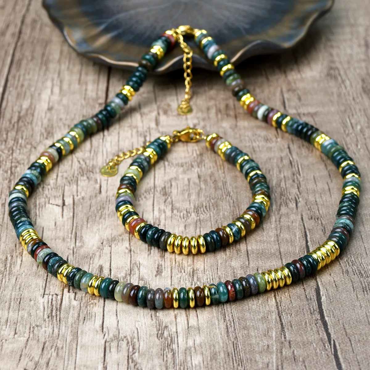 Yumfeel 2PCS Necklace Bracelet Set Bohemia Colorful Natural Stone Beaded Handmade Women Jewelry Gift Summer Vacation Surf Decor