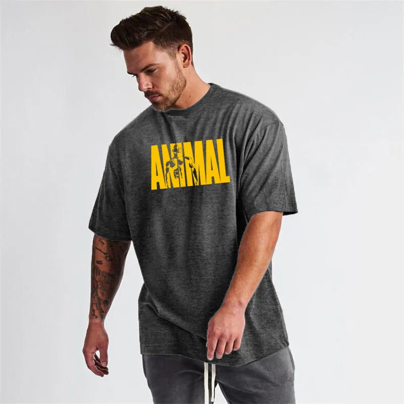 ANIMAL Letter Printed Summer Mens Oversized Half Sleeve T Shirt Cotton O Neck Casual Gym Clothing Fitness Loose Sports T-shirt