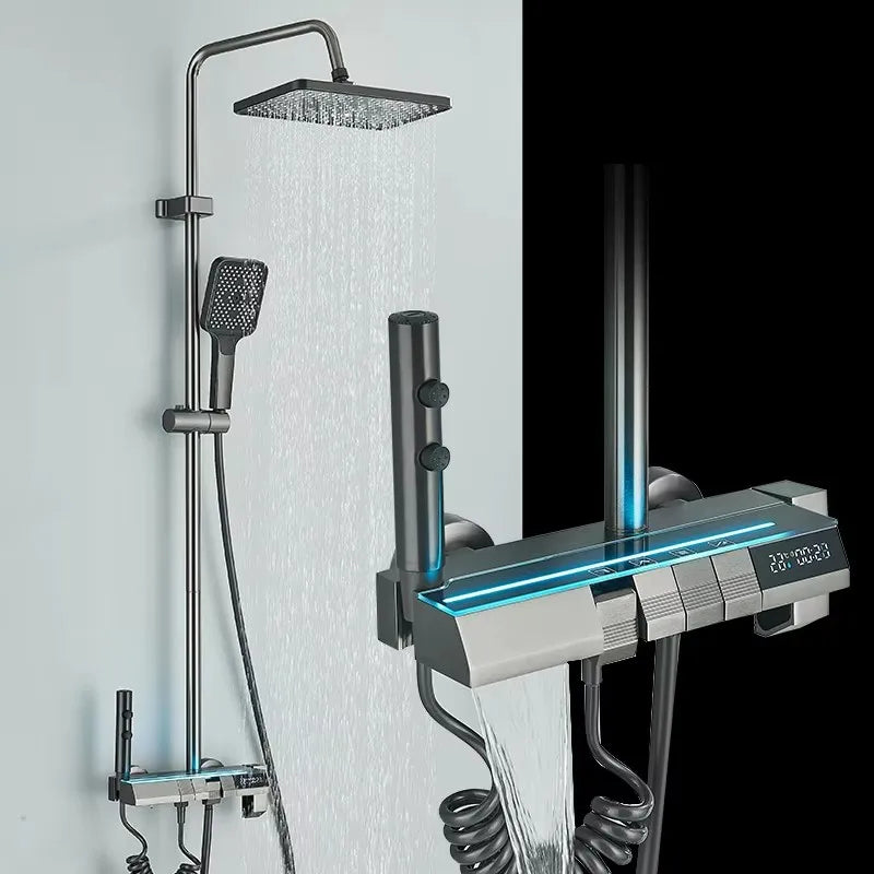 Gun Gray LCD Digital Shower Set  Bathroom Hot Cold Control Multi-angle Adjust Flushing  Shower System Wall Mounted