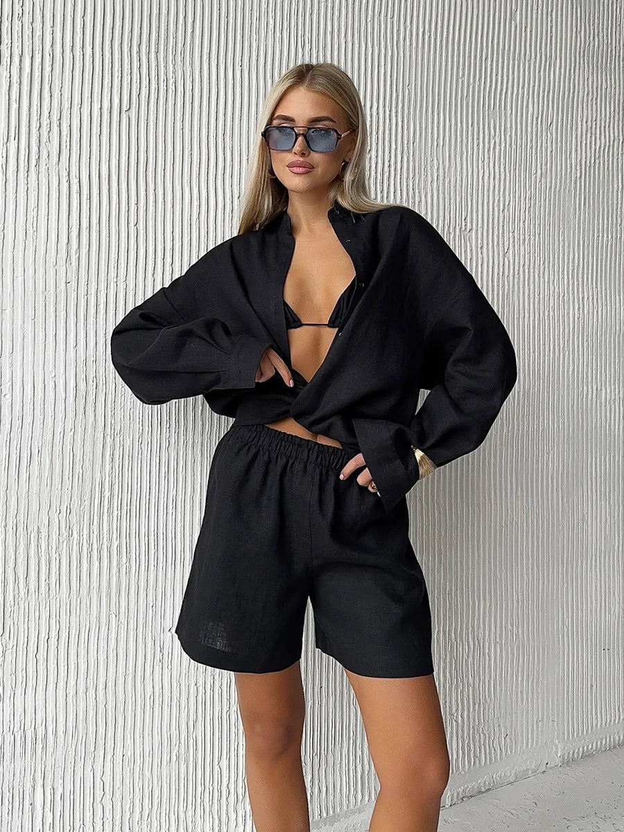 Bornladies Cotton Casual Pants Sets Women's Solid Color Cozy Lapel Long Sleeve Shirt Summer Outfit Elastic Waist Pants Suits