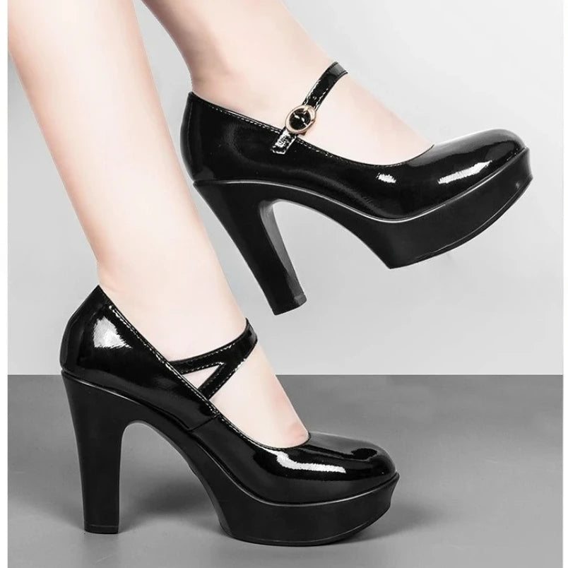 2025 Fashion Block High Heels Patent Leather Shoes Women Summer Thick Platform Pumps Office Party
