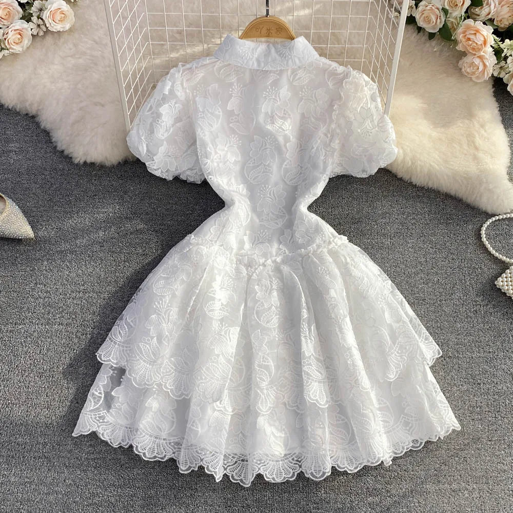 Short Dress Women Dresses Lace A Line Vestidos Turn Down Collar Puff Sleeve Slim White Single Breasted Elegant Y2k High Waist