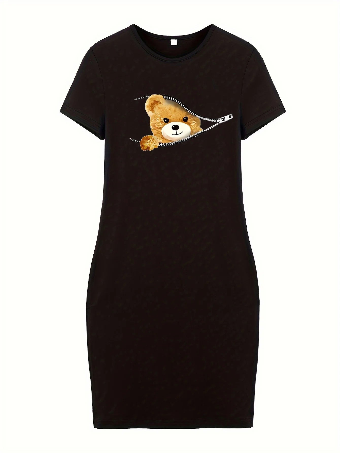 Summer women's BEAR cartoon print casual  Bodycon Dress with Crew Nec slim fit short sleeved round neck T-shirt short mini dress