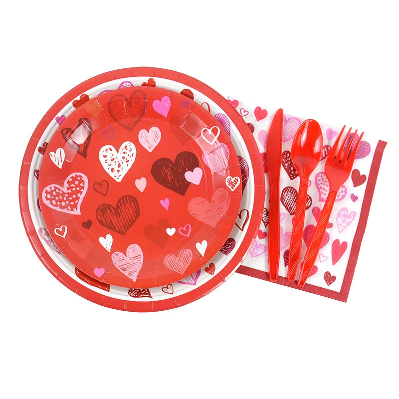 Love Heart Disposable Tableware for Wedding Valentine's Day Tableware Anniversary Birthday Party Paper Plates Cups Tablecloth