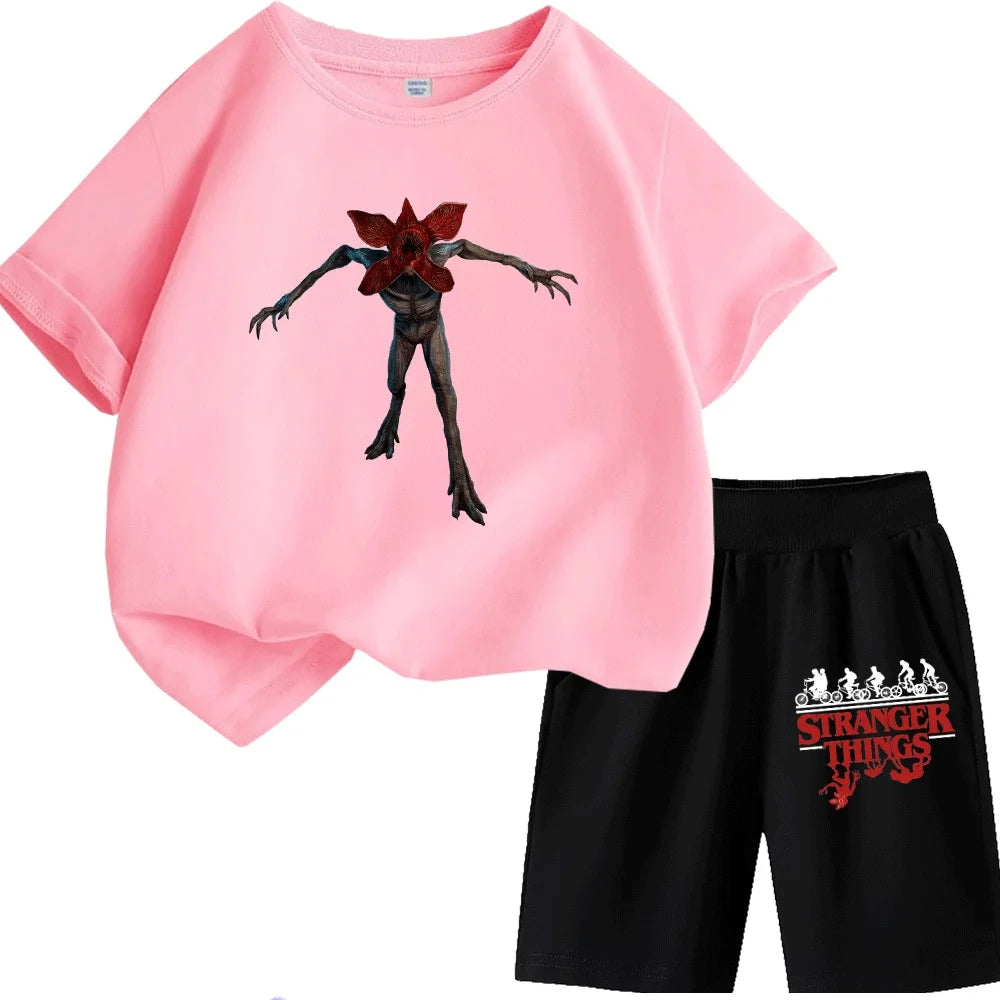 Kids Stranger Things Demogorgon Print T-Shirt Set, Fashionable and Comfortable Short-Sleeve T-Shirt for Boys and Girls, Unique