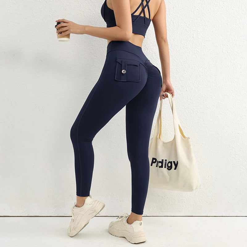 Sexy Spicy Girl Gym Sports Pants Chic Pocket Stretch Running Leggings Women High Waist Hip Lifting Breathable Yoga Trousers