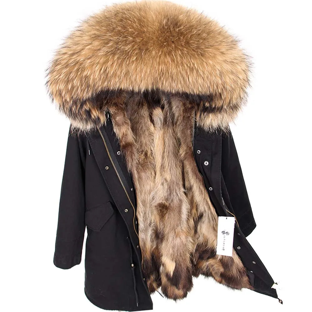 2024 MAOMAOKONG Natural Raccoon Fur Collar Winter Coat Remove Liner Slim Jacket Fur Coat Woman Parkas Female Clothes
