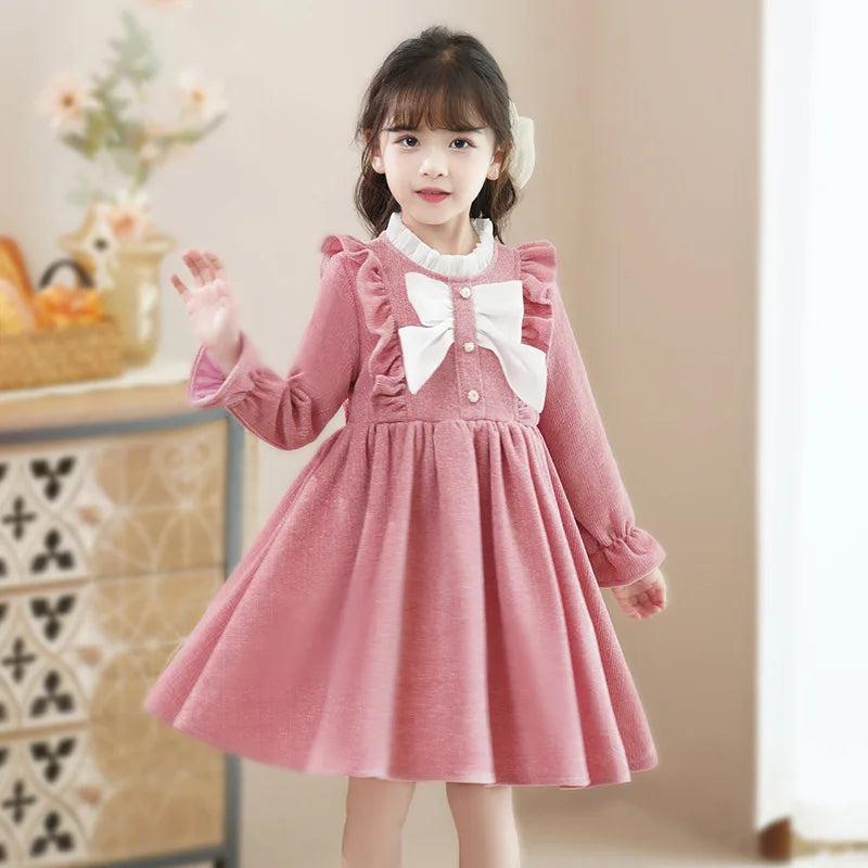 Young Girls' Winter Princess Clothes Red Thickened Velvet Dresses Baby Girl One-piece New Year's Birthday Party Corduroy Dress ‌