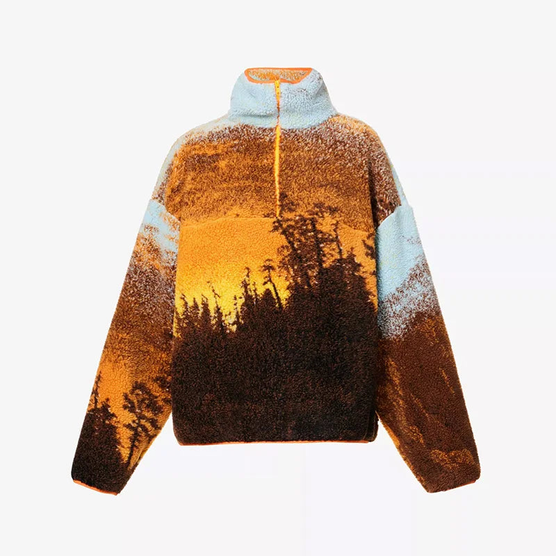  Fashion Printed Sherpa Pullover Women's Loose Long Sleeve Zippers Cozy Style Top 2025 Autumn New Lady Casual Warm Outerwear