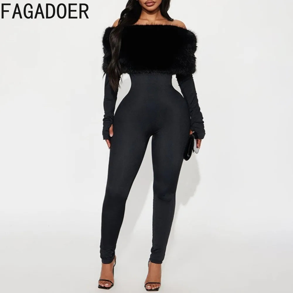 FAGADOER Winter New Sexy Fur Patchwork Bodycon Jumpsuits for Woman Solid Color Off Showlder Backless Rompers Female Overalls